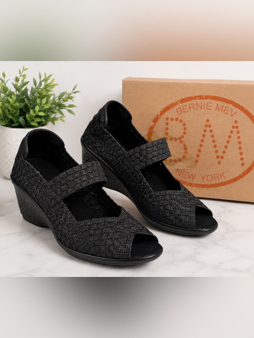 bernie mev. Black Stretch Wedge Mary Jane Sandals